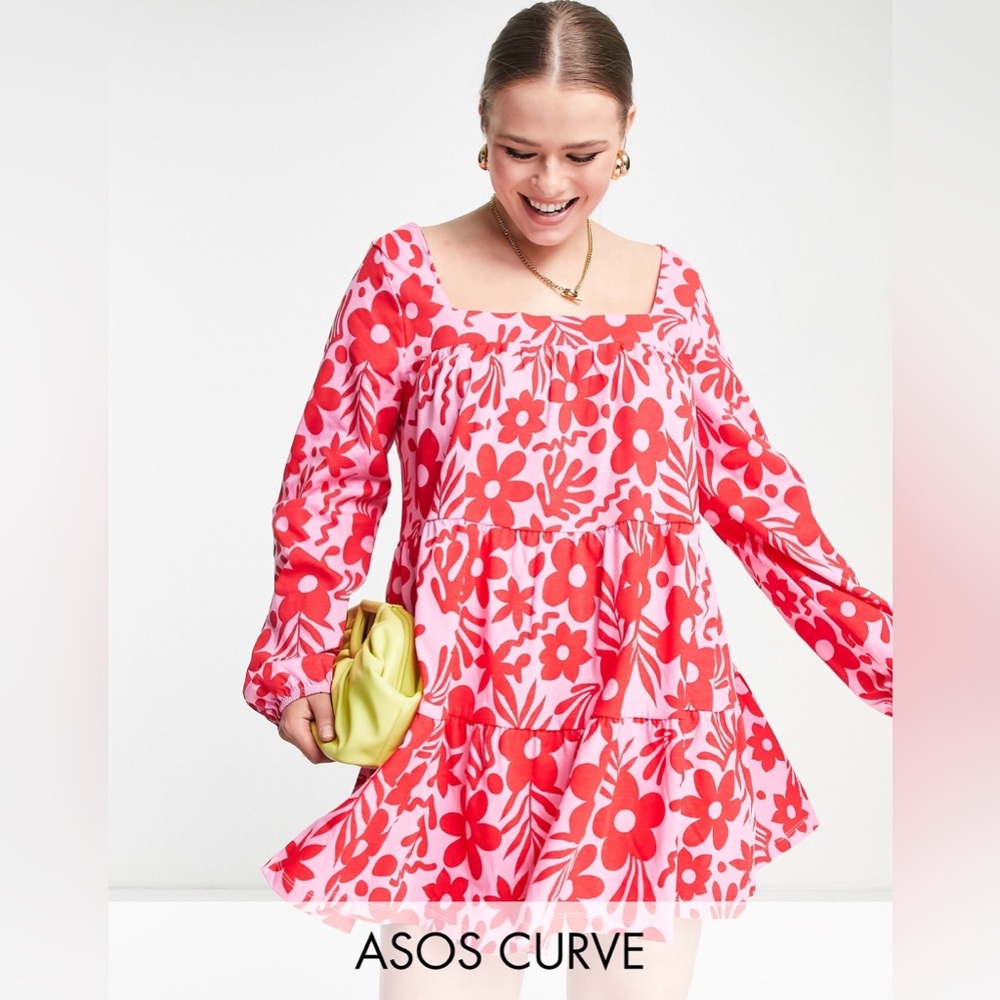 ASOS DESIGN Curve Pink and Red Floral Mini Dress (US 18)